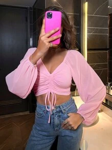 Chiquease 燈籠袖抽繩褶邊打結短款上衣 - 淺粉色 - 查看 5