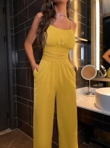 Mono de pierna ancha unicolor pecho con fruncido - Amarillo - Ver 6