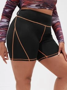 Quần short thể thao Plus Size Tương phản ràng buộc Khối Màu - màu đen - Xem 1