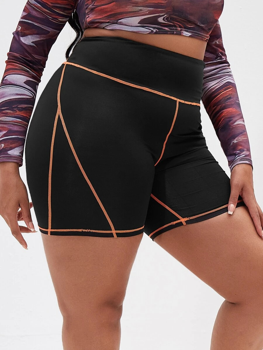 Quần short thể thao Plus Size Tương phản ràng buộc Khối Màu - màu đen - Xem 1