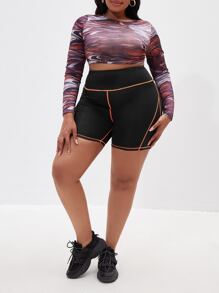 Quần short thể thao Plus Size Tương phản ràng buộc Khối Màu - màu đen - Xem 3