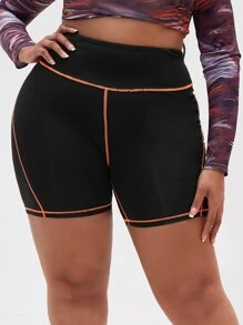 Quần short thể thao Plus Size Tương phản ràng buộc Khối Màu - màu đen - Xem 4