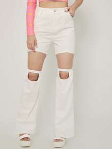 SHEIN High Waist Cut Out Flare Leg Trousers - White - View 3