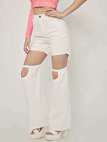 SHEIN High Waist Cut Out Flare Leg Trousers - White - View 4