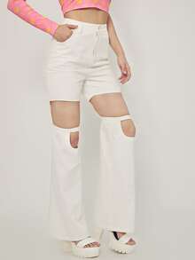 SHEIN High Waist Cut Out Flare Leg Trousers - White - View 5
