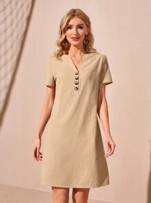 EMERY ROSE Đầm Nút phía trước màu trơn Giải trí - Màu Khaki - Xem 2