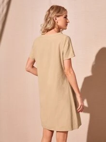 EMERY ROSE Đầm Nút phía trước màu trơn Giải trí - Màu Khaki - Xem 3