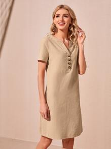 EMERY ROSE Đầm Nút phía trước màu trơn Giải trí - Màu Khaki - Xem 1