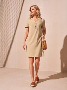 EMERY ROSE Đầm Nút phía trước màu trơn Giải trí - Màu Khaki - Xem 4