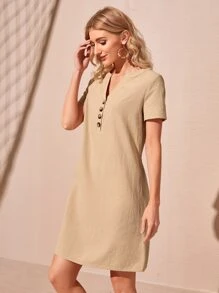 EMERY ROSE Đầm Nút phía trước màu trơn Giải trí - Màu Khaki - Xem 5