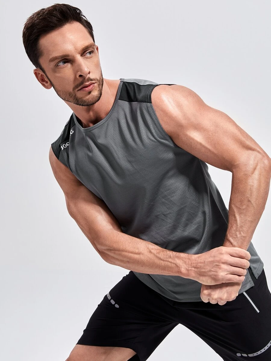 Manfinity Fitness 男友风男士拼色字母图案运动背心 - 彩色 - 查看 1