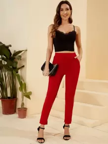 BizChic Slant Pocket Solid Skinny Trousers - Red - View 3