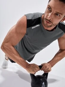 Manfinity Fitness 男友风男士拼色字母图案运动背心 - 彩色 - 查看 4