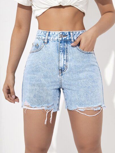 Short en jean taille haute à ourlet effiloché