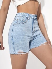 SHEIN EZwear Shorts in denim vita alta orlo grezzo - Lavaggio chiaro - Visualizzare 5