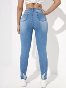 Jeanoix Jeans ajustados de talle alto desgarro bajo crudo con abertura - Lavado ligero - Ver 2