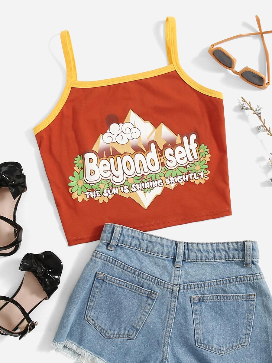 SHEIN Tank Tops & Camis Bé Gái Tương phản ràng buộc Slogan Ăn mặc đẹp - Màu Cam cháy - Xem 1