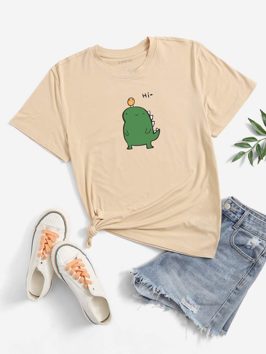 Áo thun nữ Hoạt hình Lá thư Giải trí - Màu Khaki - Xem 1