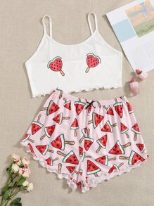 Watermelon & Heart Print Lettuce Trim PJ Set - Multicolor - View 1