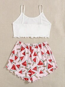 Watermelon & Heart Print Lettuce Trim PJ Set - Multicolor - View 2