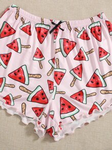Watermelon & Heart Print Lettuce Trim PJ Set - Multicolor - View 3