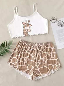 Giraffe Print Lettuce Trim Bow Front PJ Set - Multicolor - View 1
