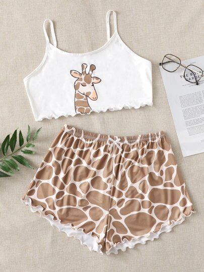 طقم بيجامة بطباعة الزرافة مقلم نمط نبات الخس قوس امامي