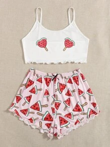 Watermelon & Heart Print Lettuce Trim PJ Set - Multicolor - View 5
