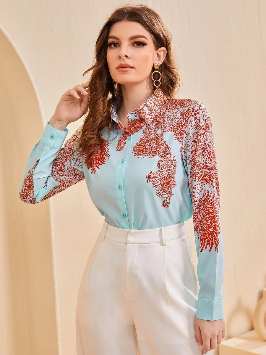 SHEIN Clasi Áo sơ mi In hoa Paisley Nút phía trước - Màu xanh nhạt - Xem 1