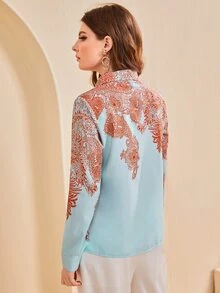 SHEIN Clasi Áo sơ mi In hoa Paisley Nút phía trước - Màu xanh nhạt - Xem 2