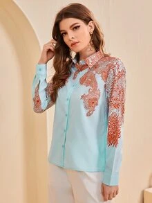 SHEIN Clasi Áo sơ mi In hoa Paisley Nút phía trước - Màu xanh nhạt - Xem 3