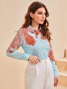 SHEIN Clasi Áo sơ mi In hoa Paisley Nút phía trước - Màu xanh nhạt - Xem 4