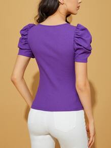 SHEIN Privé Camiseta tejida de canalé de manga farol de cuello sweetheart - Morado Violeta - Ver 2