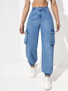 Quần jean nữ Nút Túi Dây kéo màu trơn - Rửa trung bình - Xem 1