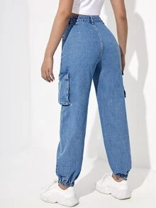 Quần jean nữ Nút Túi Dây kéo màu trơn - Rửa trung bình - Xem 2