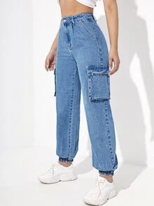 Quần jean nữ Nút Túi Dây kéo màu trơn - Rửa trung bình - Xem 3