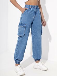 Quần jean nữ Nút Túi Dây kéo màu trơn - Rửa trung bình - Xem 5