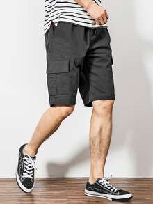 Manfinity Hypemode Hombres Shorts con bolsillo con solapa de cintura con cordón - Negro - Ver 1