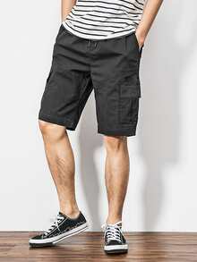 Manfinity Hypemode Hombres Shorts con bolsillo con solapa de cintura con cordón - Negro - Ver 3