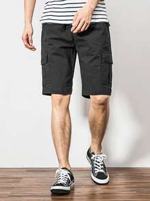 Manfinity Hypemode Hombres Shorts con bolsillo con solapa de cintura con cordón - Negro - Ver 4
