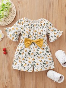 Baby Plant Print Flounce Sleeve Bow Front Romper - Multicolor - View 1