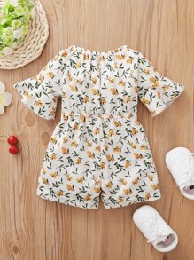 Baby Plant Print Flounce Sleeve Bow Front Romper - Multicolor - View 2