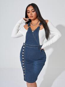 Đầm Denim kích thước lớn Nút Túi Nút phía trước màu trơn Sẵn sàng - Rửa tối - Xem 1