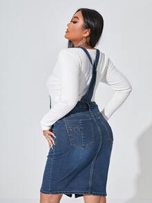 Đầm Denim kích thước lớn Nút Túi Nút phía trước màu trơn Sẵn sàng - Rửa tối - Xem 2