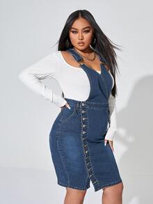 Đầm Denim kích thước lớn Nút Túi Nút phía trước màu trơn Sẵn sàng - Rửa tối - Xem 3
