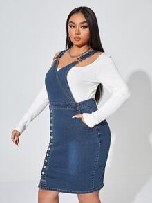 Đầm Denim kích thước lớn Nút Túi Nút phía trước màu trơn Sẵn sàng - Rửa tối - Xem 4