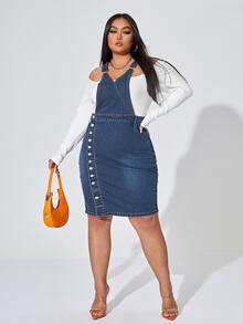 Đầm Denim kích thước lớn Nút Túi Nút phía trước màu trơn Sẵn sàng - Rửa tối - Xem 5