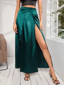 SHEIN High Waist Satin Wrap Skirt - Dark Green - View 1
