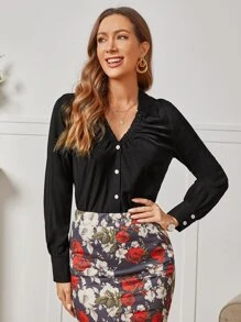 泡泡袖前紐扣襯衫 - 黑色 - 查看 1