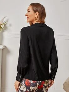 泡泡袖前紐扣襯衫 - 黑色 - 查看 2